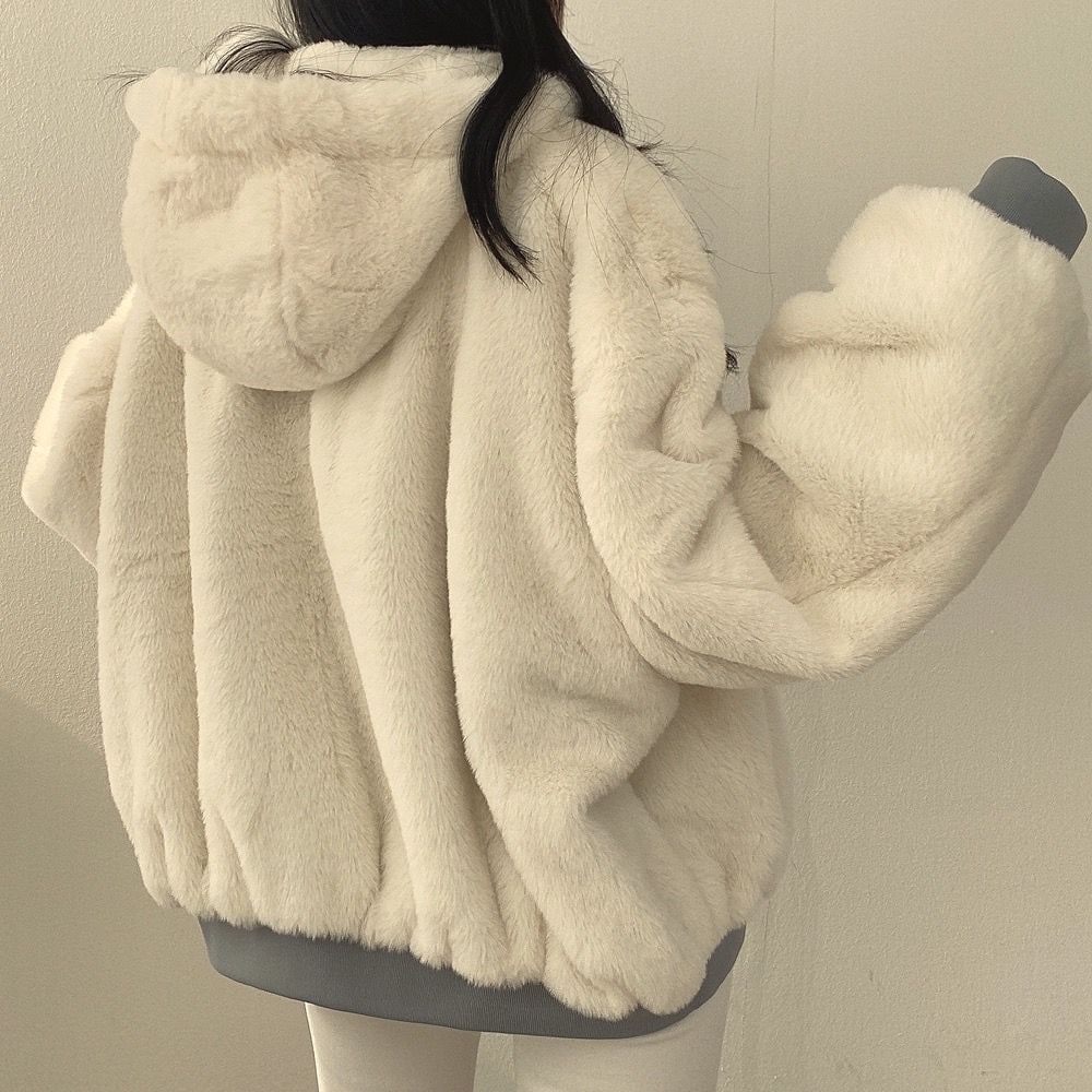 Cream reversible jacket, back view with hood 10