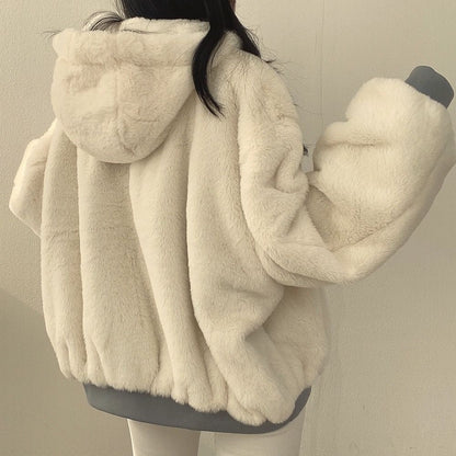 Cream reversible jacket, back view with hood 10