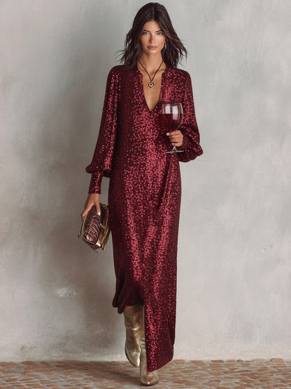 Wine red shimmering maxi gown with V-neck 2