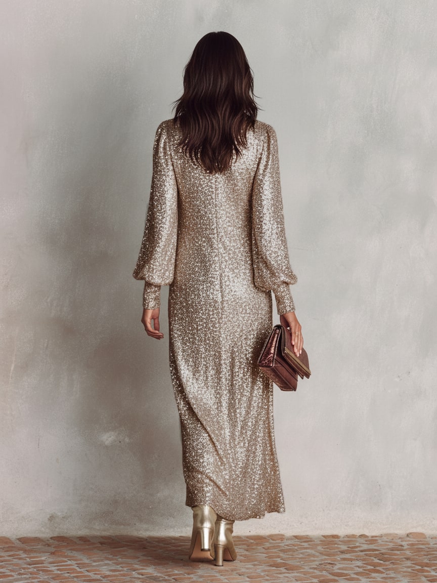 Champagne maxi gown, back view 6