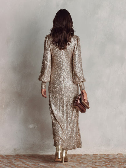 Champagne maxi gown, back view 6