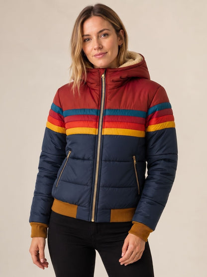 Navy quilted jacket with hood and retro colour block stripes 1