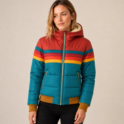 Blue quilted jacket with hood and retro colour block stripes 2