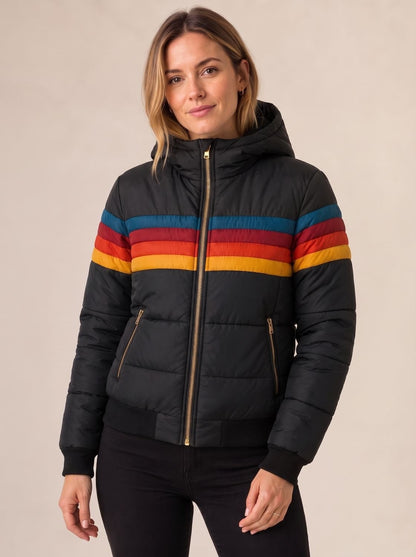 Black quilted jacket with hood and retro colour block stripes 3