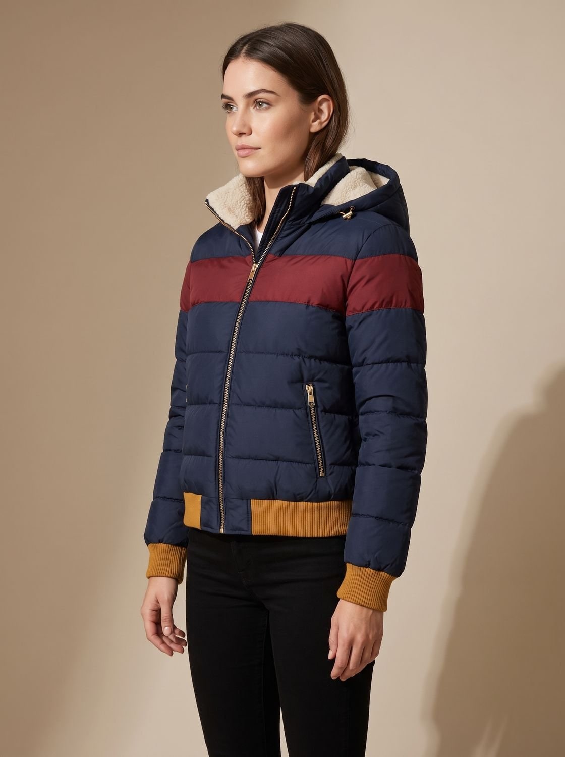Navy quilted jacket, side view with sherpa-lined hood 4