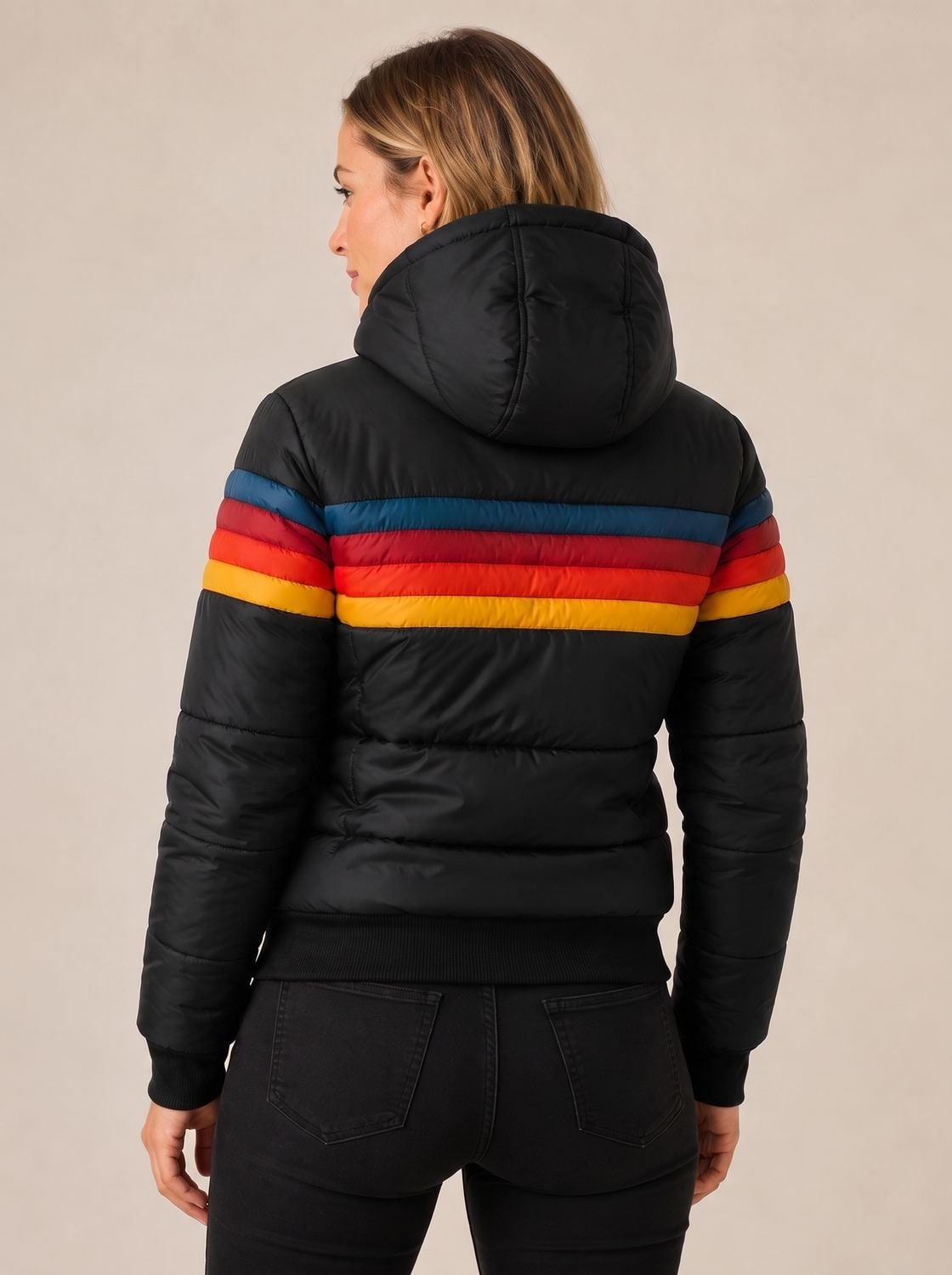 Black quilted jacket, back view with hood 5
