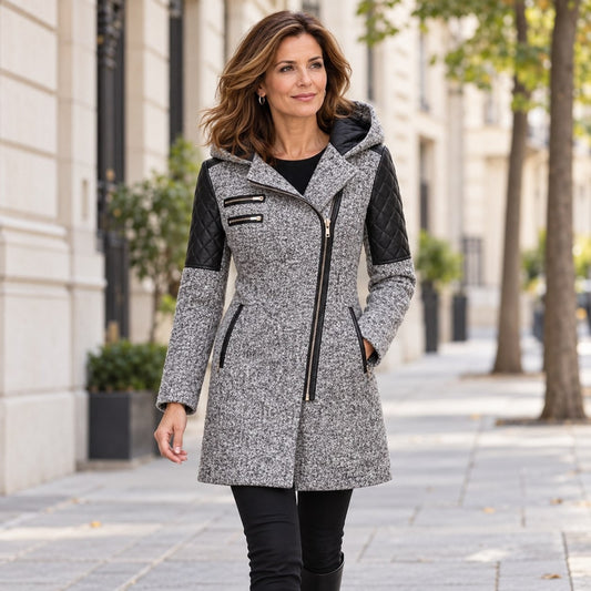 Light grey winter jacket with black quilted sleeves and zip front 1