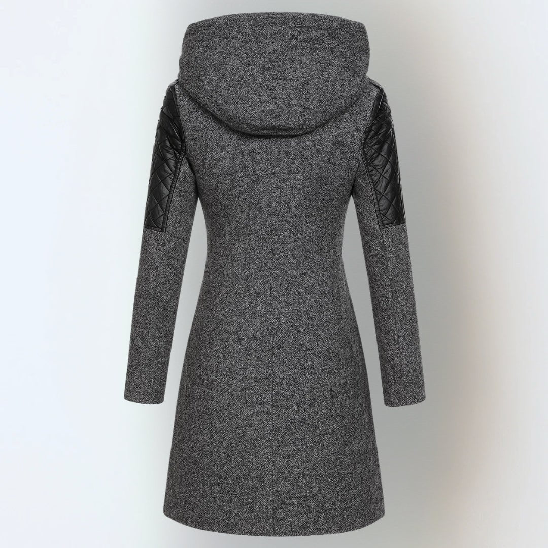 Dark grey winter jacket, back view with hood 8