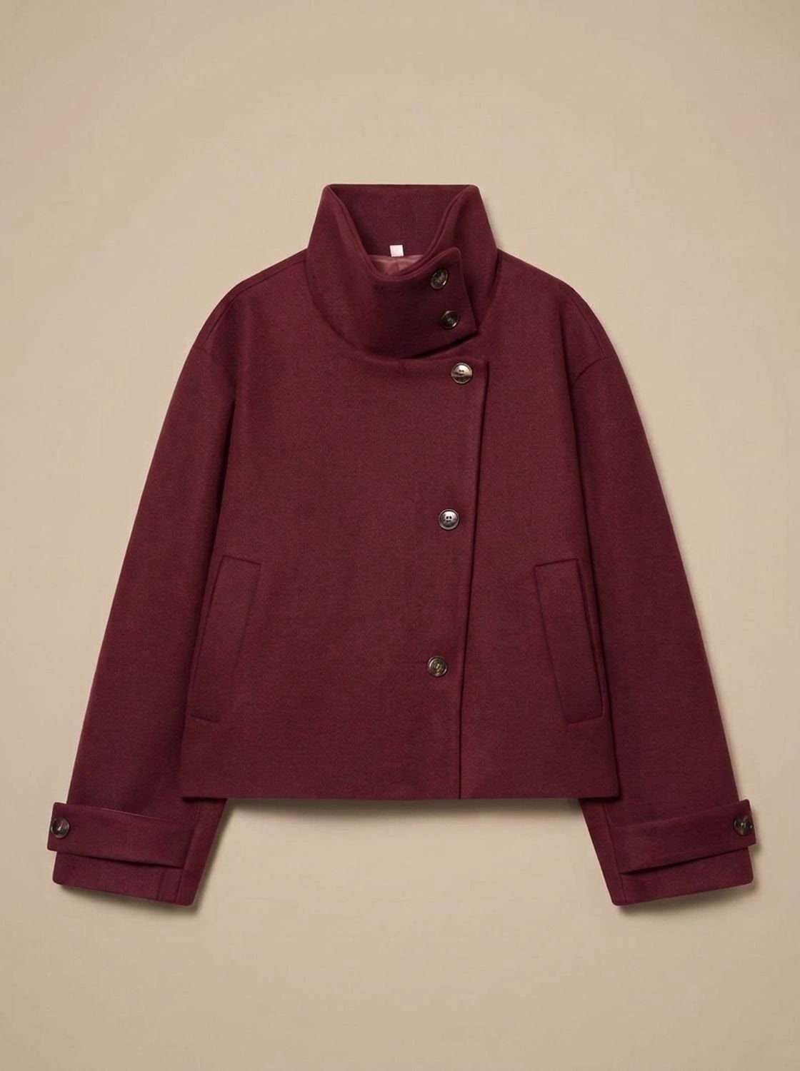 Red short coat with stand collar and asymmetric buttons 4