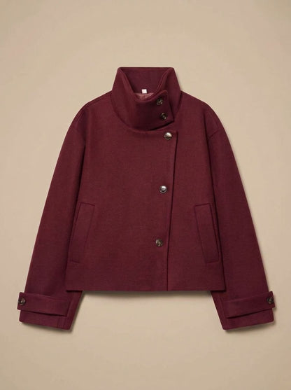 Red short coat with stand collar and asymmetric buttons 4
