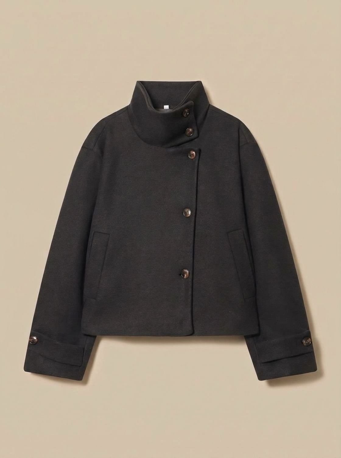 Black short coat with stand collar and asymmetric buttons 5