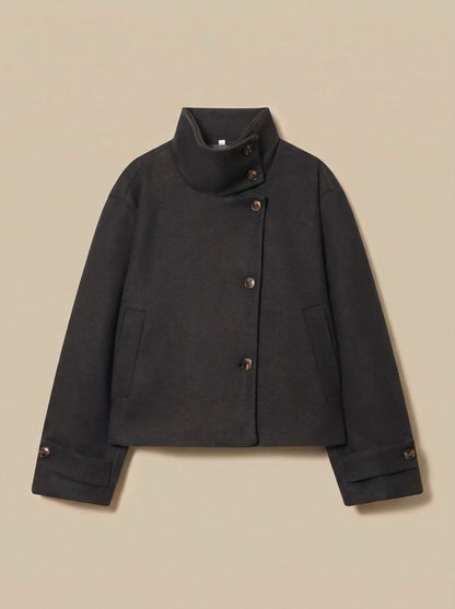 Black short coat with stand collar and asymmetric buttons 5