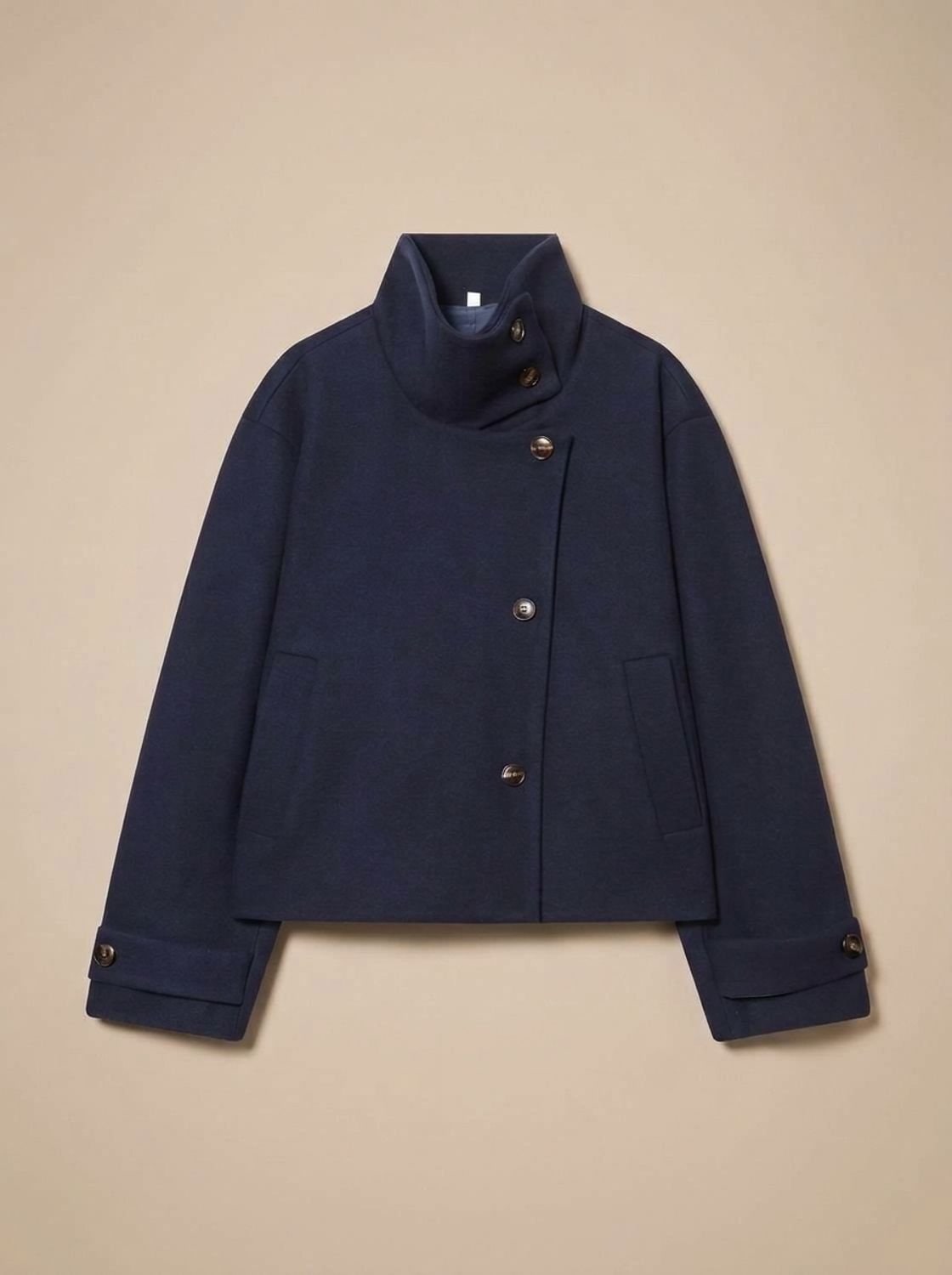 Dark blue short coat with stand collar and asymmetric buttons 6