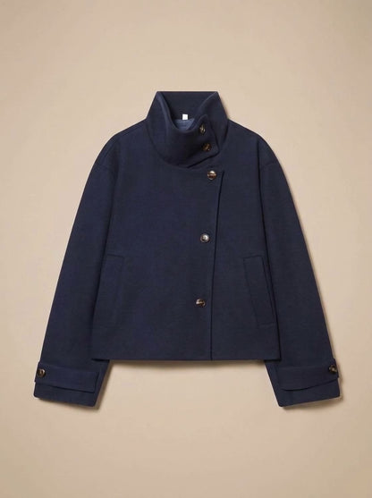 Dark blue short coat with stand collar and asymmetric buttons 6