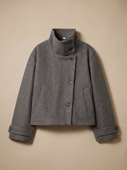 Grey short coat with stand collar and asymmetric buttons 7