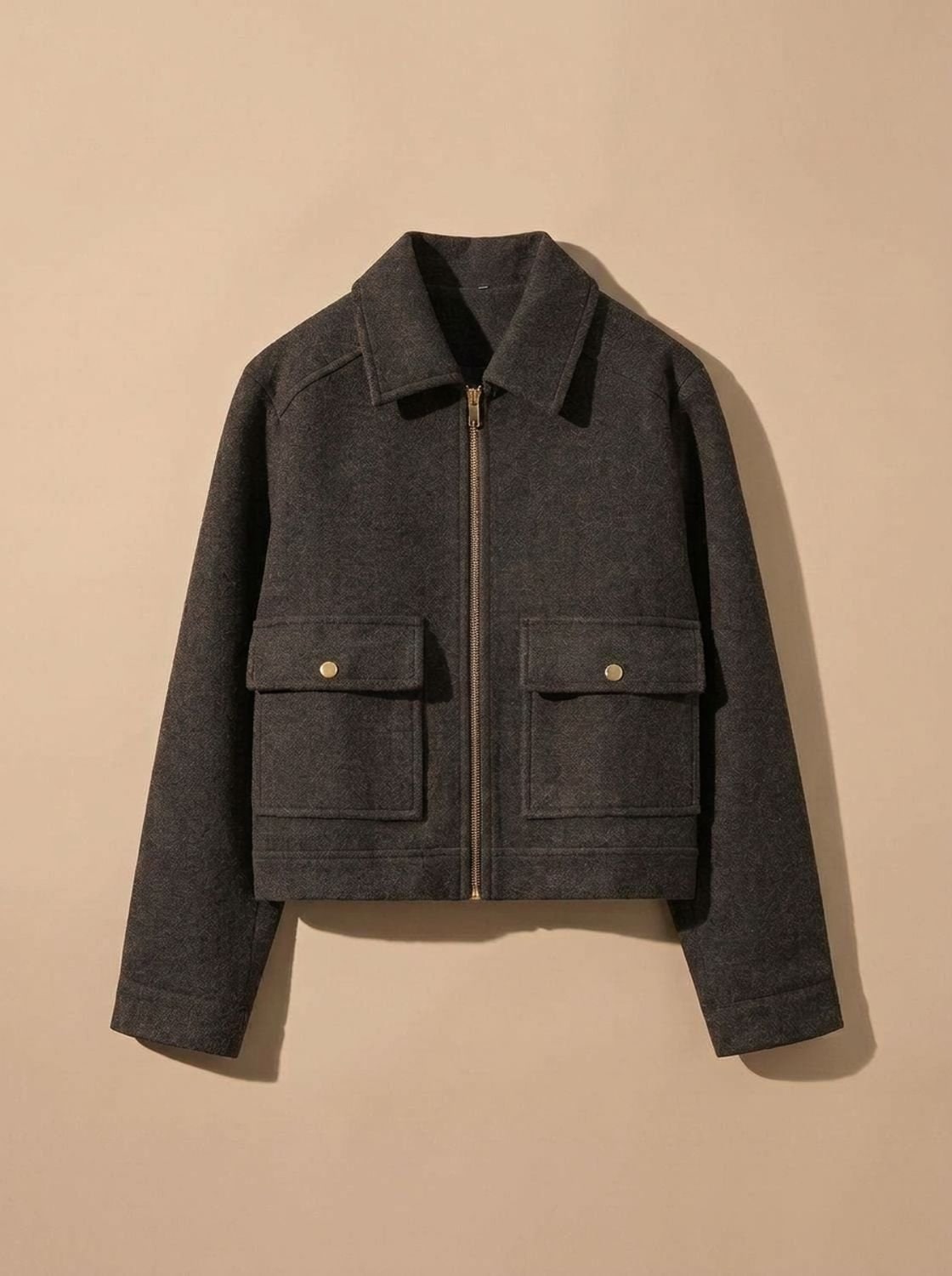 Grey and black short coat with zip front and flap pockets 8