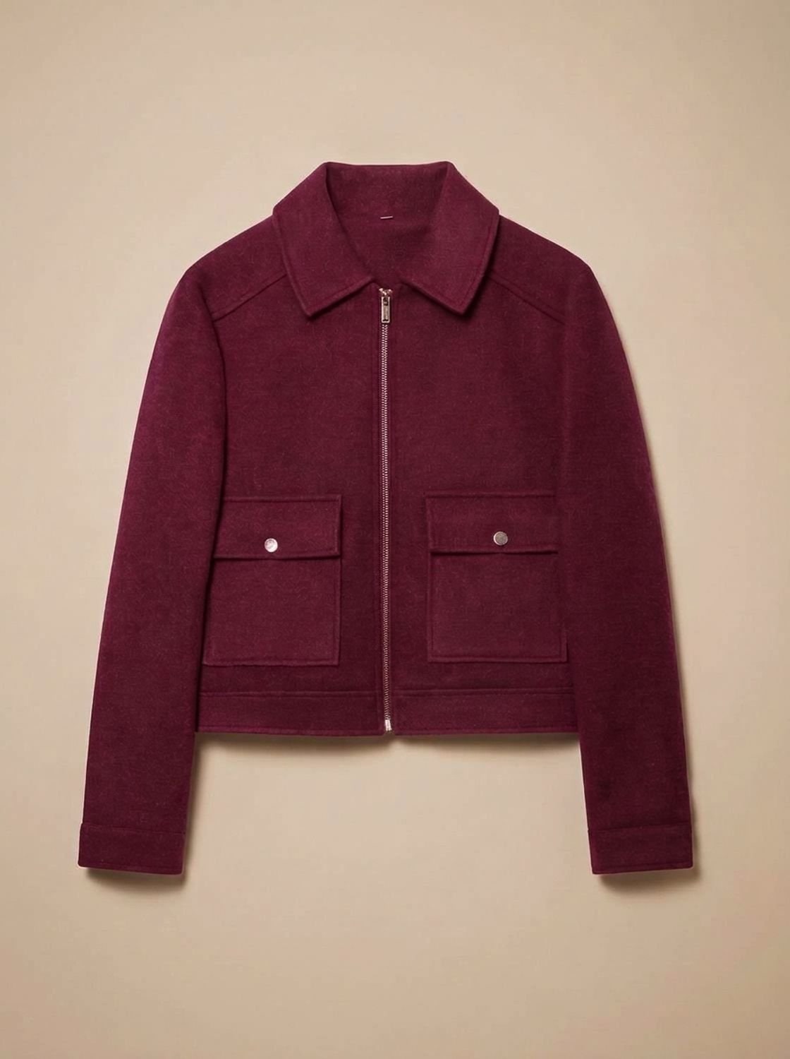 Burgundy short coat with zip front and flap pockets 9