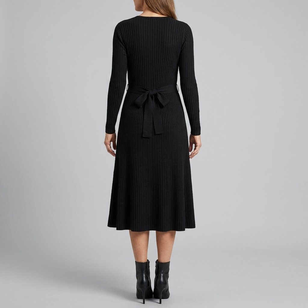 Wynne Ribbed Knit Belted Midi Dress in black - back view
