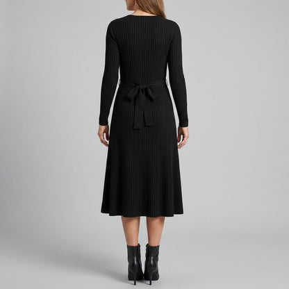 Wynne Ribbed Knit Belted Midi Dress in black - back view