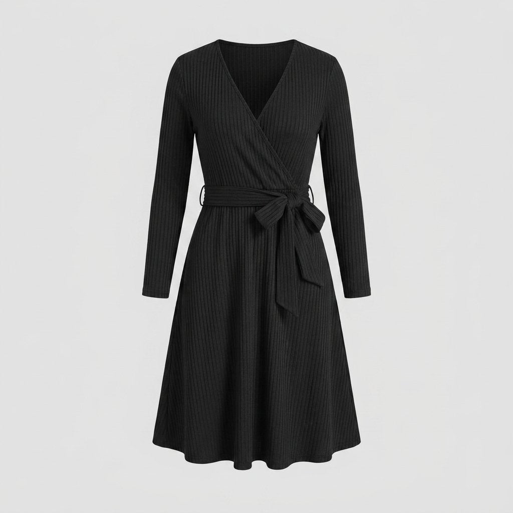 Wynne Ribbed Knit Belted Midi Dress in black - flat product shot