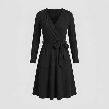 Wynne Ribbed Knit Belted Midi Dress in black - flat product shot