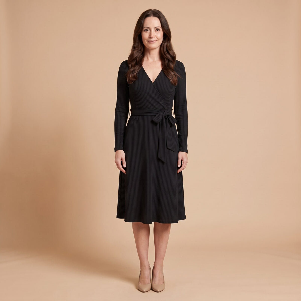 Wynne Ribbed Knit Belted Midi Dress in black - front view