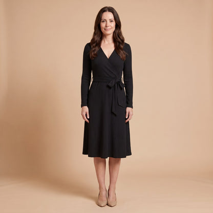 Wynne Ribbed Knit Belted Midi Dress in black - front view