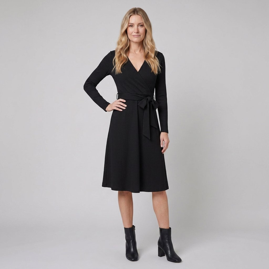 Wynne Ribbed Knit Belted Midi Dress in black - worn by a model, front view