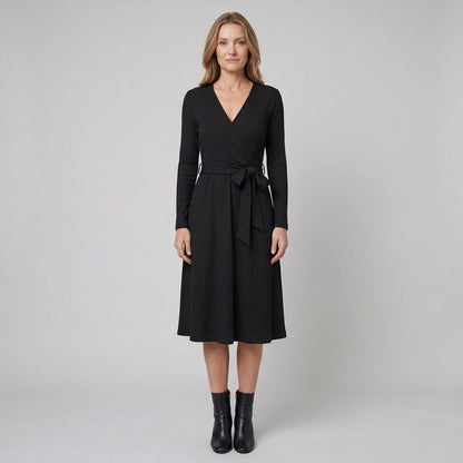 Wynne Ribbed Knit Belted Midi Dress in black - worn by a model, front view