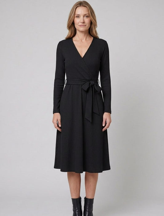 Wynne Ribbed Knit Belted Midi Dress in Black - front view
